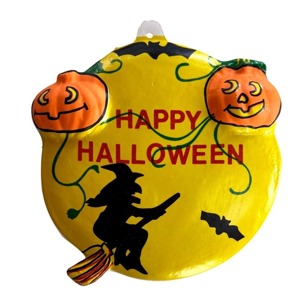 Vintage Halloween Plastic Wall Hanging Witch Pumpkin Bat 3D Embossed Decoration